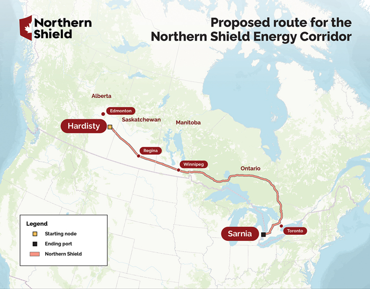 A map showing the proposed route for the Northern Shield Energy Corridor starting from Hardisty, Alberta, and ending in Sarnia, Ontario.