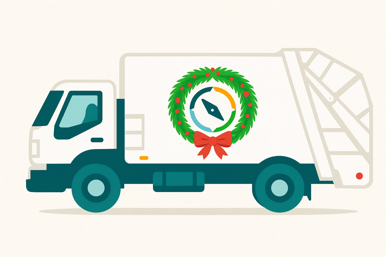 Garbage truck with Christmas Wreath